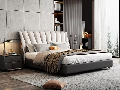 Modern Background Double Bed With Tufted Headboard Gray Wall Bookshelf Nightstand And Table Lamp 3d model