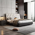 Modern Background Double Bed With Tufted Headboard Gray Wall Bookshelf Nightstand And Table Lamp