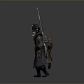 3D Model Military Style Uniformed Character In Long Coat With Feathered Hat Spear And Backpack