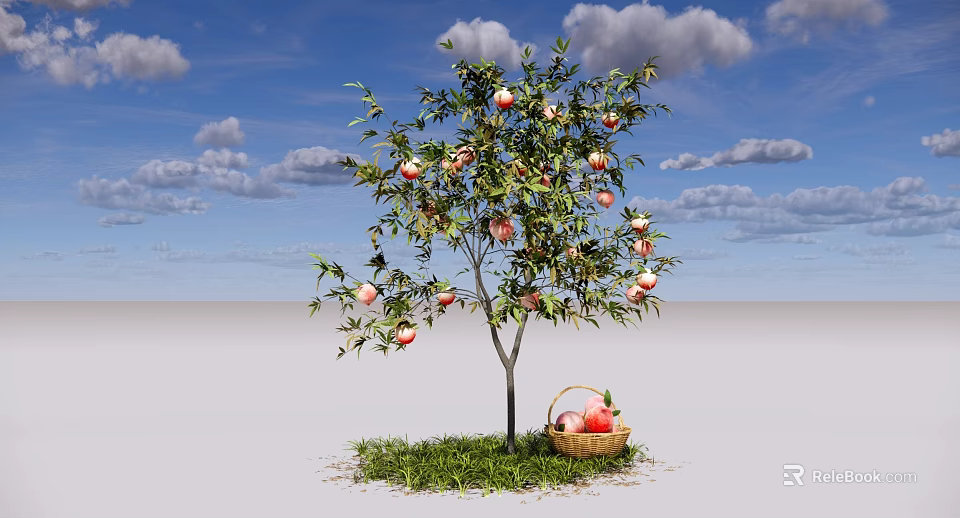 Apple Tree Loaded with Red Apples and Basket of Apples on Green Grass 3d model 