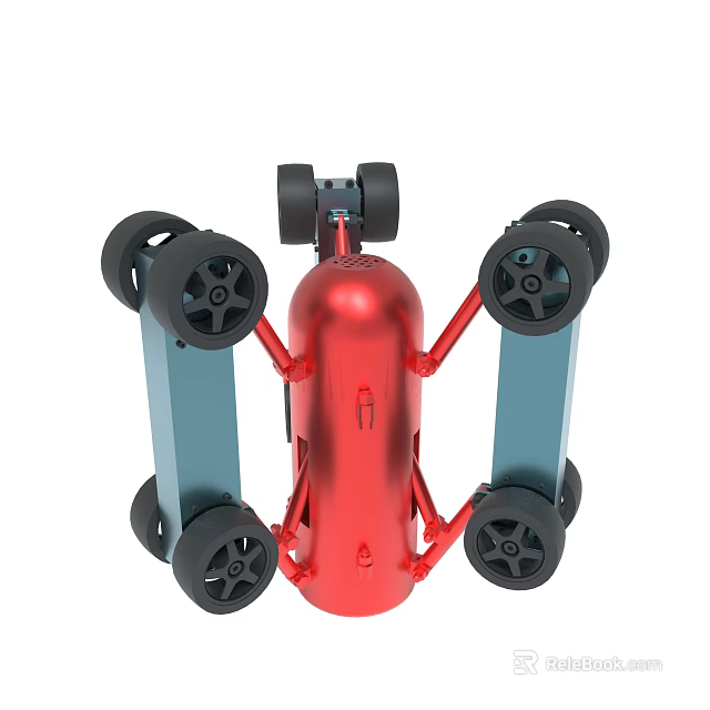 Red Cylindrical Device With Multiple Black Wheels And Blue Support Structures 3d model
