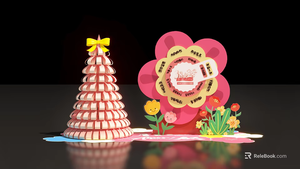 Striped Christmas Tree With Yellow Bow Flower Shaped Decoration Cake Design Photo Spot 3d model 