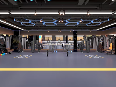 Modern Fitness Gym With Various Workout Equipment Mirrored Walls And Ceiling Design 3d model