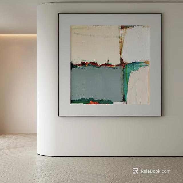 Abstract Painting With Neutral And Vibrant Color Blocks Hanging On White Wall In Modern Interior 3d model 