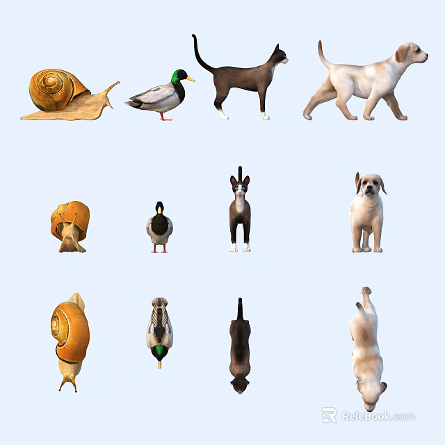 Various Animals Collection with Snail Duck Dog and Mushroom 3d model 