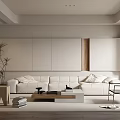 Modern Living Room Interior Design With White Sofa Wooden Panel Potted Plant And Coffee Table