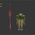 Mechanical Robot Character Standing Holding Long Spear With Detailed Armor Design