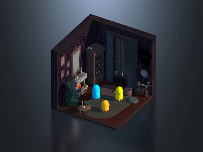 Cartoon Scene With Colorful Characters In Cozy Room With Fireplace Bookshelf And Window 3d model