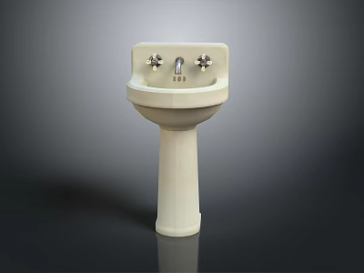 White Ceramic Pedestal Washbasin With Two Faucets And Simple Design 3d model