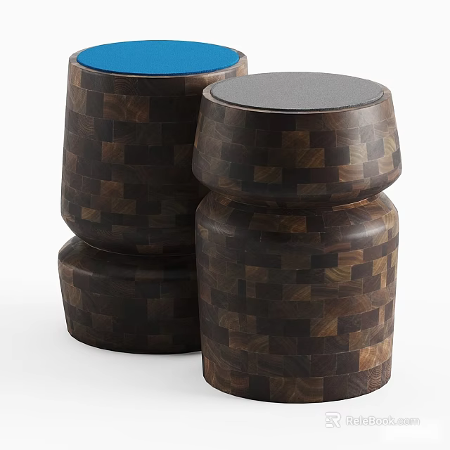 Contemporary Wooden Side Tables With Patchwork Mosaic Design And Round Blue Black Tops 3d model 