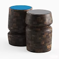 Contemporary Wooden Side Tables With Patchwork Mosaic Design And Round Blue Black Tops