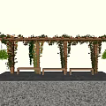 Wooden Pergola Decorated With Green Vines And Orange Flowers With Benches