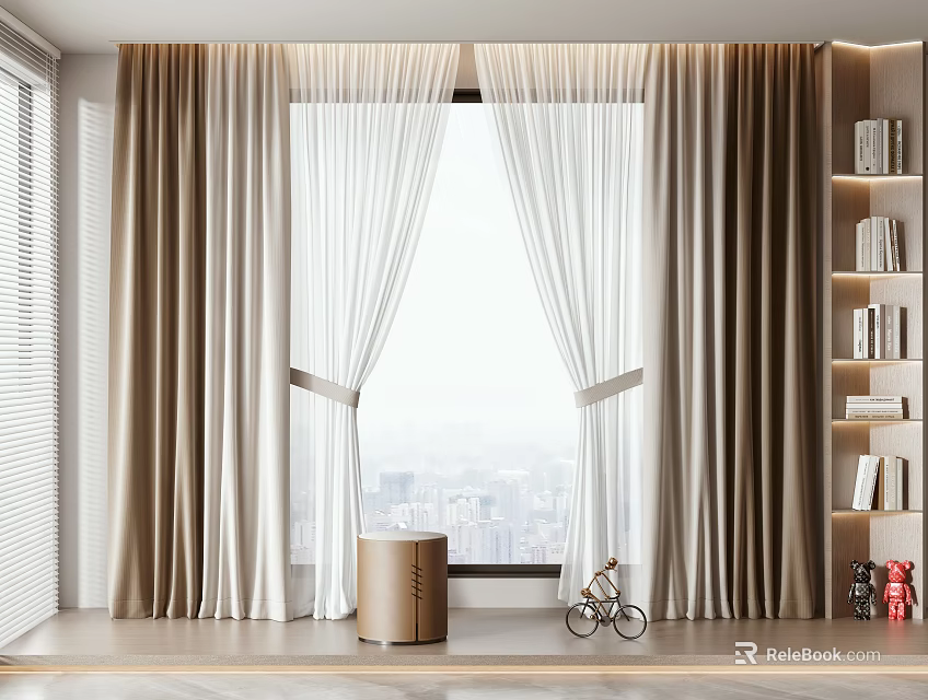 Beige And White Double Layer Curtains In Modern Room With City View Window Wooden Floor 3d model 