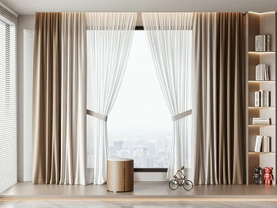 Beige And White Double Layer Curtains In Modern Room With City View Window Wooden Floor 3d model