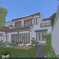 Chinese Style Detached Villa With Courtyard Lawn Outdoor Chairs Trees And Lanterns