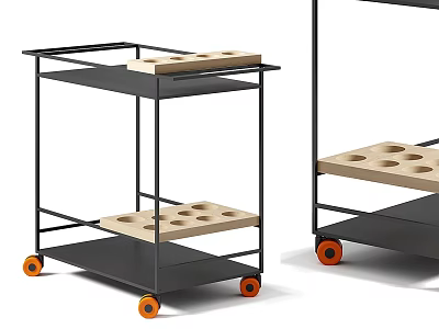 Modern Rolling Storage Shelving Unit With Black Metal Frame Wooden Shelves And Orange Casters 3d model
