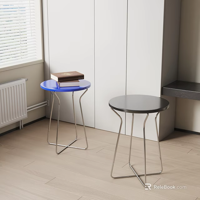 Modern Round Stools With Blue And Black Tops And Metal Frames In Room Corner 3d model 