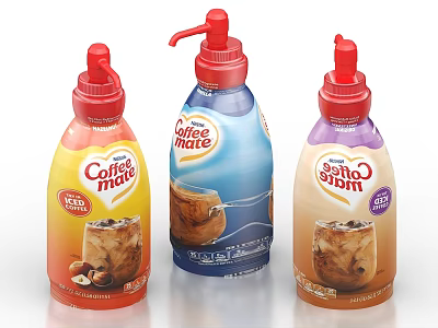 Coffee Mate Liquid Coffee Creamer Bottles With Different Flavors And Red Dispensers 3d model
