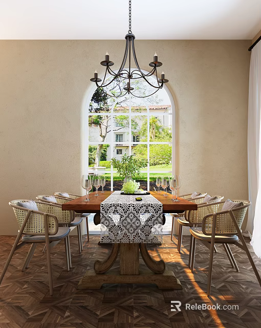 Rustic Wooden Dining Table Set With Wicker Chairs Arched Window And Garden View 3d model 