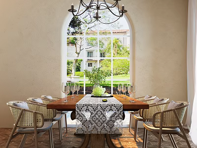 Rustic Wooden Dining Table Set With Wicker Chairs Arched Window And Garden View 3d model