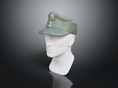 Green Service Hat With Embroidered Badge And Buttons On White Mannequin Head 3d model