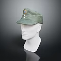 Green Service Hat With Embroidered Badge And Buttons On White Mannequin Head