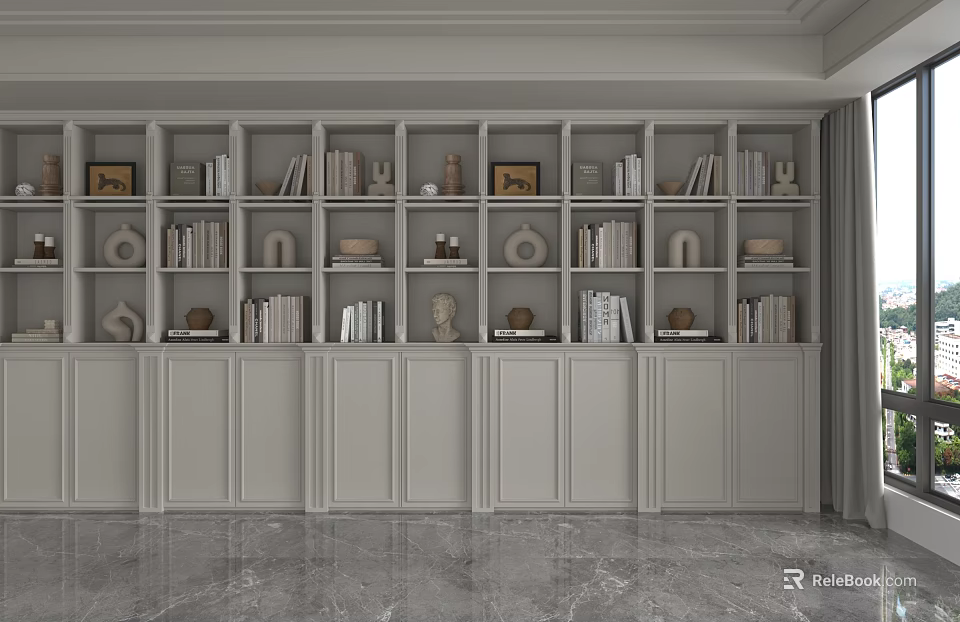 Modern Minimalist Gray Shelf Unit With Books Decorative Sculptures Vases Cabinet Doors And Multiple Compartments 3d model 