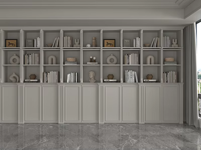 Modern Minimalist Gray Shelf Unit With Books Decorative Sculptures Vases Cabinet Doors And Multiple Compartments 3d model
