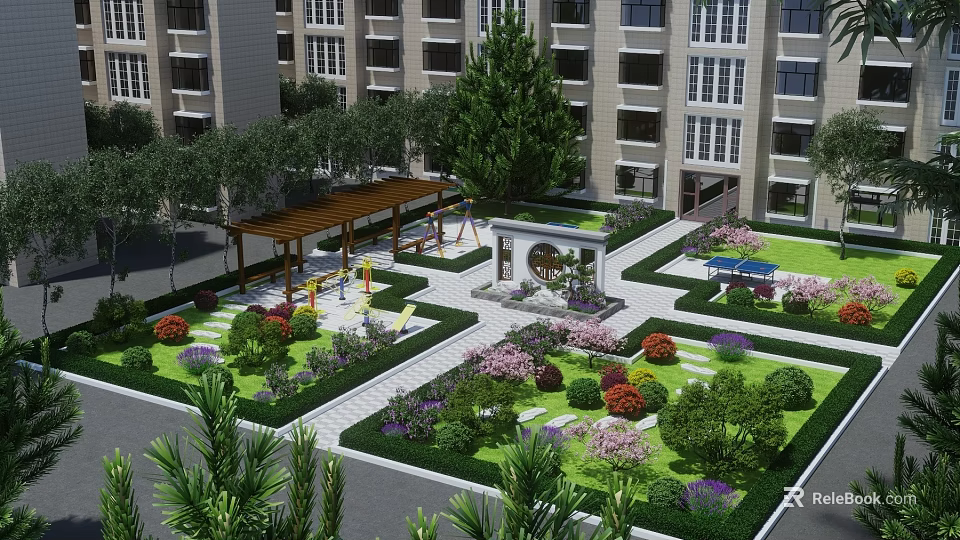 Park Landscape with Residential Buildings Lush Greenery Flowers Gazebo Children's Play Area and Stone Pathways 3d model 