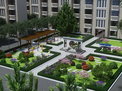 Park Landscape with Residential Buildings Lush Greenery Flowers Gazebo Children's Play Area and Stone Pathways 3d model