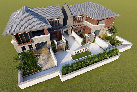 New Chinese style double-family villa 3d model