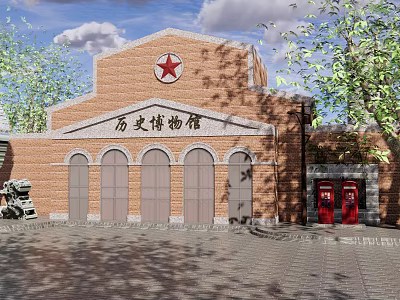 Historical Museum Red Brick Building with Arched Doors Red Star Emblem Surrounded by Trees 3d model
