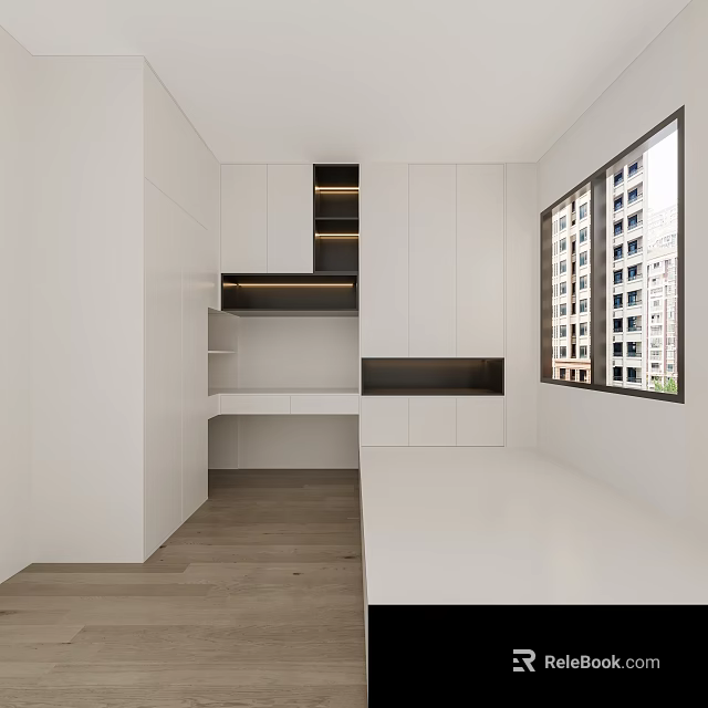 Modern Clean Interior Space With White Cabinets Window Workbench And Dark Wooden Floor 3d model 