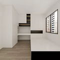 Modern Clean Interior Space With White Cabinets Window Workbench And Dark Wooden Floor