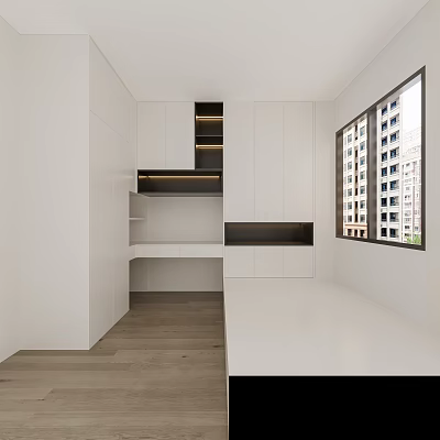 Modern Clean Interior Space With White Cabinets Window Workbench And Dark Wooden Floor 3d model