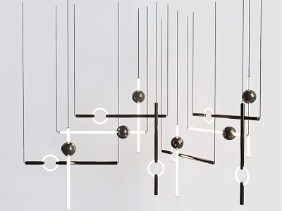 Modern Geometric Chandelier Design With Hanging Lines Circles And Metal Bars 3d model