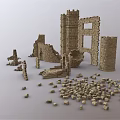 Medieval Stone Castle Ruin Components With Tower Arches And Wall Fragments