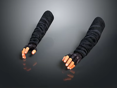 Realistic Human Arms with Black Sleeves and Orange Fingers on Reflective Surface 3d model