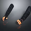 Realistic Human Arms with Black Sleeves and Orange Fingers on Reflective Surface