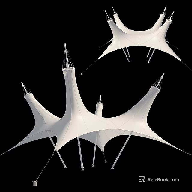 White Tensile Membrane Structures With Modern Spire like Tops And Support Poles 3d model 