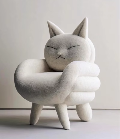 White Furry Cat Shaped Chair With Cute Closed Eyes Design 3d model