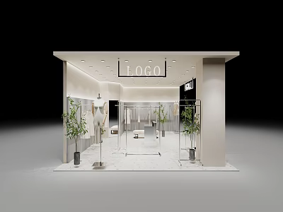 Modern Clothing Store Interior With Glass Doors Mannequins Green Plants And Recessed Lighting 3d model