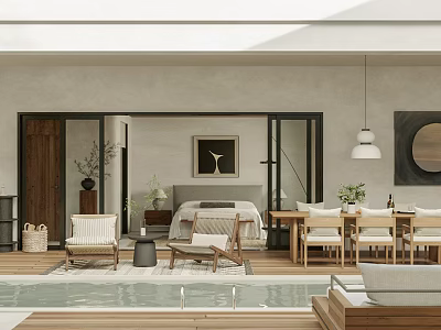 Modern Bedroom Open Interior With Wooden Door Bed Chairs Plants Pendant Lamp And Pool Area 3d model
