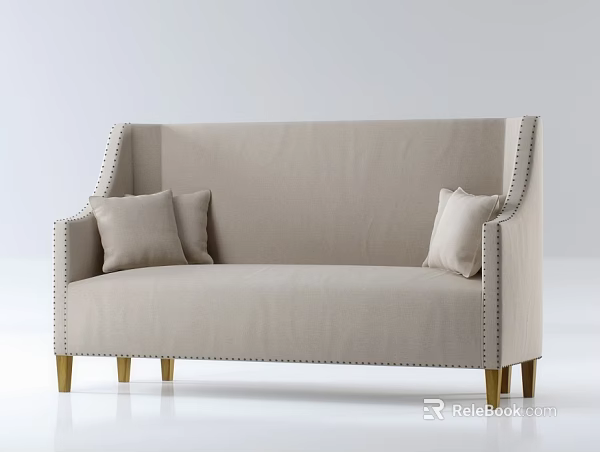 Beige Multi Person Sofa With Armrests Stud Decorations Two Cushions And Gold Legs 3d model