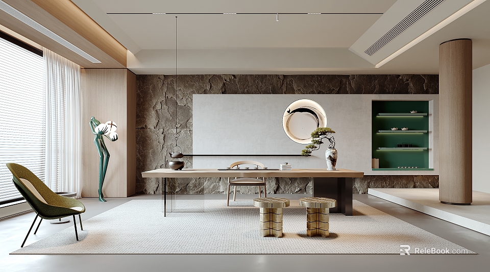 Modern Tea Room Interior Design With Stone Wall Round Mirror Long Table And Green Shelves 3d model 