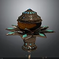 Ornate Copper Decorative Urn With Turquoise Inlay Lid And Petal Shaped Base