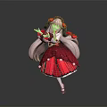 Anime Game Character With Pink Long Hair Red Black Dress And White Pom Pom Decorations