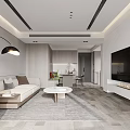 Modern Living Dining Room Interior Design With White Walls Gray Sofa And Wooden Flooring