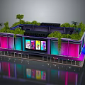 Modern Building Exterior With Neon Lights Green Roof Large Display And Colorful Facade