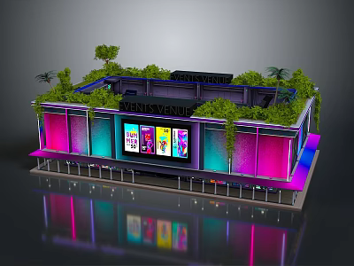 Modern Building Exterior With Neon Lights Green Roof Large Display And Colorful Facade 3d model